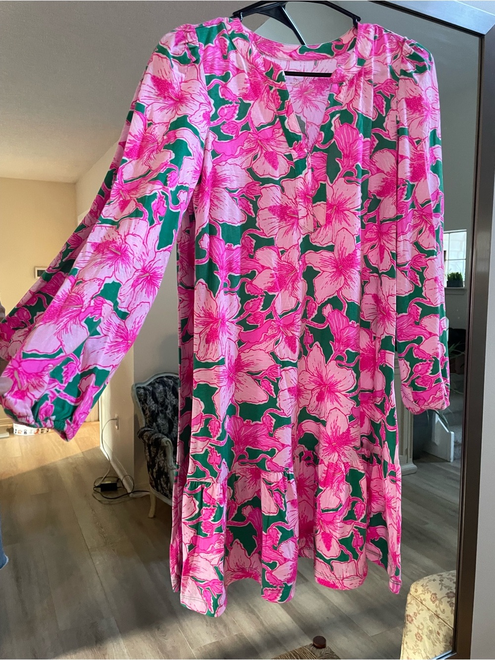 Lilly Pulitzer Pink and Green Floral Long-Sleeve Swing Dress
